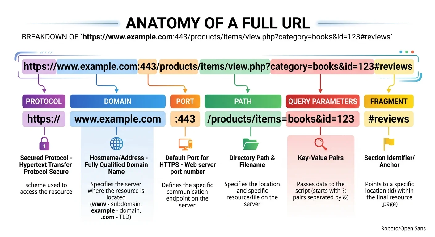 Annotated URL anatomy showing protocol, domain, path, query parameters, and fragment sections