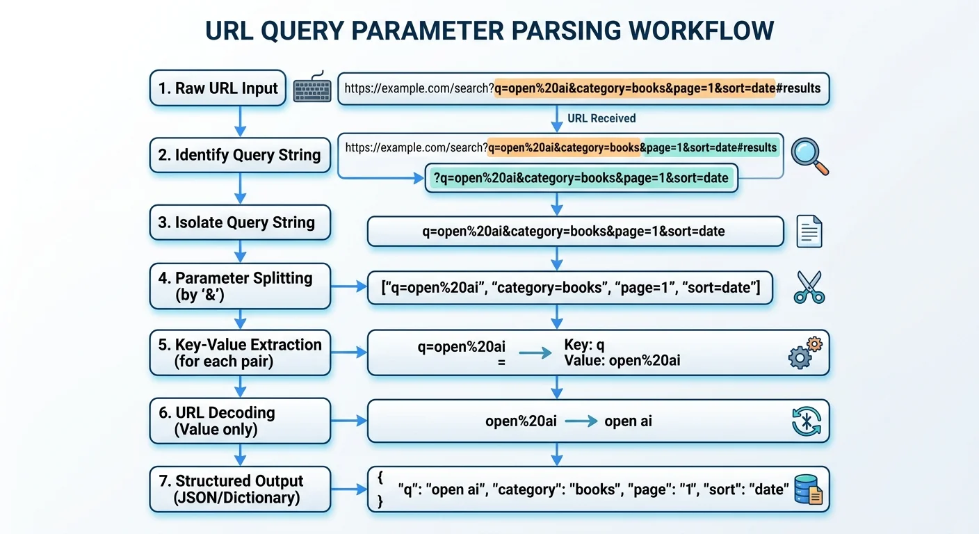 Flowchart illustrating the URL query parameter extraction process from raw URL to structured data