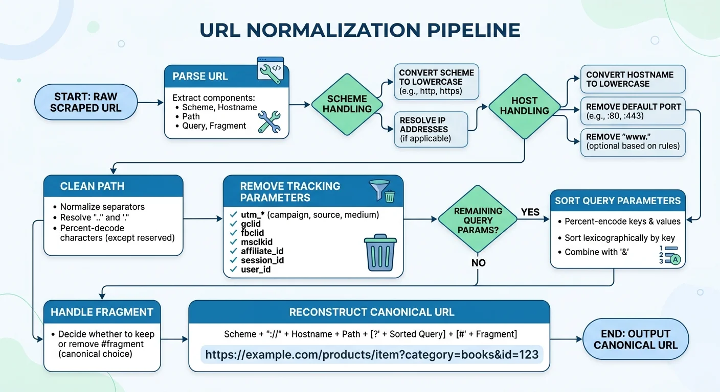 URL normalization flowchart for web scraping deduplication